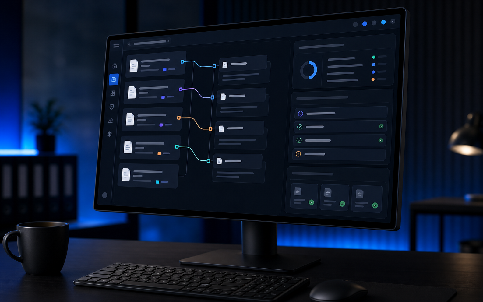 Dark assessment validation workspace interface with mapping lines and document cards